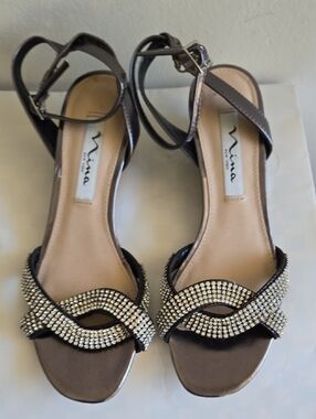 Nina Pewter Ankle-Strap Open-Toe Sandals with Crystal Crossover